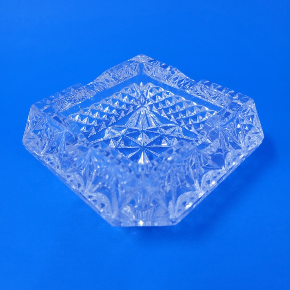 Vintage Crystal Glass Ashtray Square Diamond Cut Heavy Desk Decor